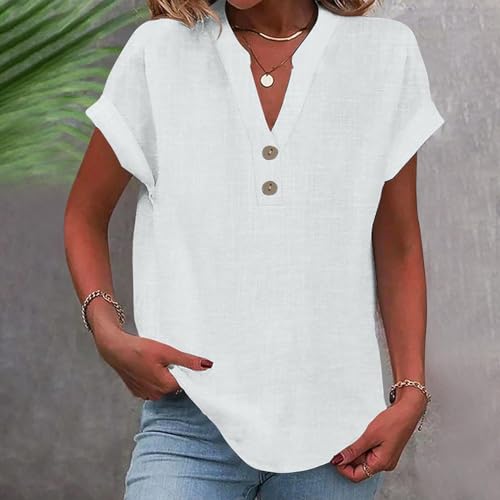 Women's Casual Lightweight V-Neck Linen Shirt - Large / White