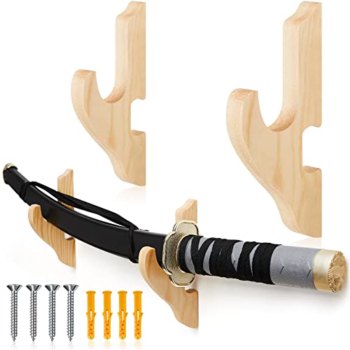 Sword Wall Mount Holder - 2 Pcs Adjustable Wooden Stand - Wood Color