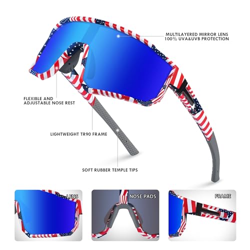 Kids Polarized Baseball Sunglasses with UV400 Protection - Flag Frame Blue Lenses
