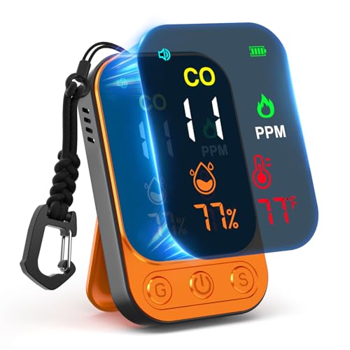 ???????????????? Portable Carbon Monoxide Detectors, 3 in 1 CO Monitor with Kickstand & Lanyard Gas Alarm [CO Temperature Humidity Sensor] 1000mah Battery for Indoor Outdoor Camping Travel RV Hotel