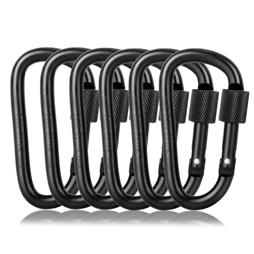 3-Inch D-Shape Locking Carabiner Clips - Black - 6 Pack