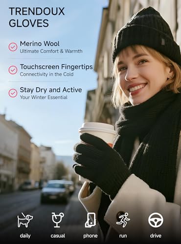 Merino Wool Winter Gloves - Touch Screen, Non-Slip, Medium Black