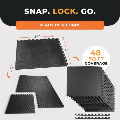 EVA Interlocking Foam Exercise Mat - 1/2" Thick, Black, 48 Sq Ft