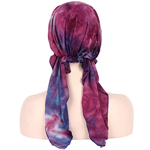 Qovelly Pre Tied Chemo Head Scarf Set - 3 Pack Long Style Beanies for Women, Dye Tie Variation L14