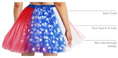 4-Layer Tulle Skirt for Women & Teens - Satin Lined - Large Red, Blue & White Star
