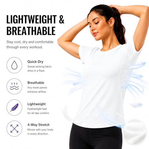 Breathable Seamless Workout Tops - Short Sleeve Athletic Shirt - Medium/White