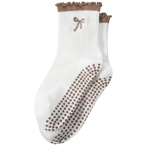 Nonslip Grip Socks for Women - Cute Pilates Socks - Brown Bow