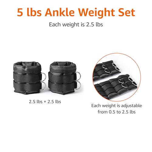 Adjustable Ankle Weights Set - 5 Pound (2.5 lbs Each) - Black