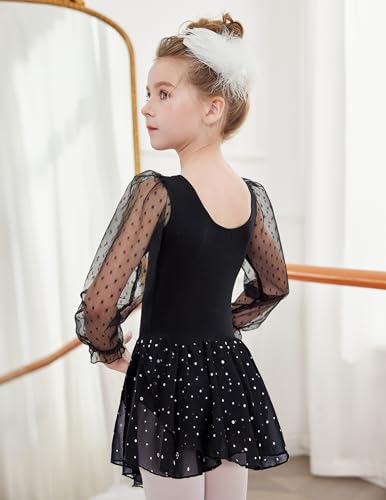 Gymnastics Ballet Leotard for Girls - Mesh Puff Long Sleeve - Black, 4-5T