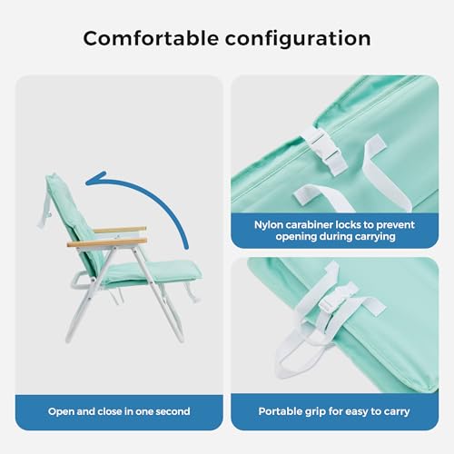 SunnyFeel Green Foldable Beach Chair with Wood Armrest & Cushion - Lightweight Camping & Outdoor Seat