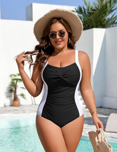 Wiepux Women’s Plus Size One-Piece Swimsuit Ruched Slimming Tummy Control 3X-L Black
