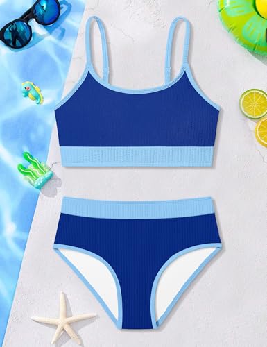 Color Block Two Piece Swimsuit for Girls - Royal Blue, 11-12Y