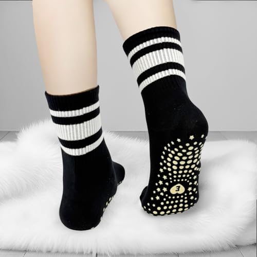 Yoga Socks for Women - 3 Pairs Non-Slip Crew Grip - White with Red, Yellow & Blue Stripes