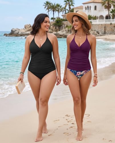Holipick Women's Tummy Control Tankini Swimwear Two-Piece with Bottom - Large Purple Leaves