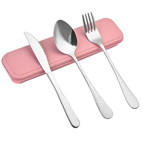 Portable Reusable Silverware Set - Pink Utensils with Case