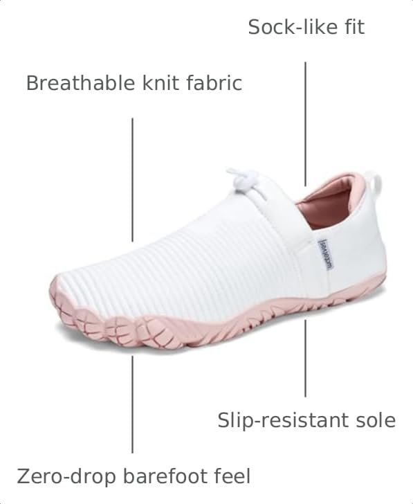 WateLves Water Shoes Women & Men - Lightweight Striped Barefoot Water Footwear, Size 8 Women / 7 Men, White Pink