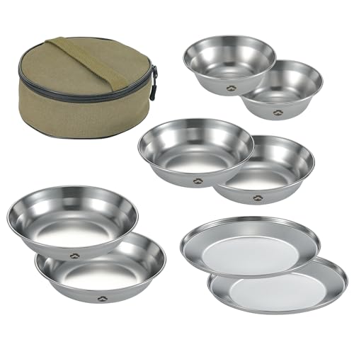 Camping Moon S395 8-Piece Silver Stainless Steel Camping Tableware Set with Canvas Case