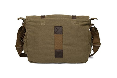 Sechunk Small Army Green Vintage Military Leather Canvas Laptop Bag Messenger