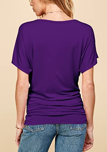 Women's Purple Dolman Sleeve Boat Neck Top with Side Shirring - Large
