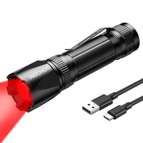 RECHOO Red LED Flashlight with Zoom, 3 Modes, Rechargeable, Portable for Hunting & Night Observation