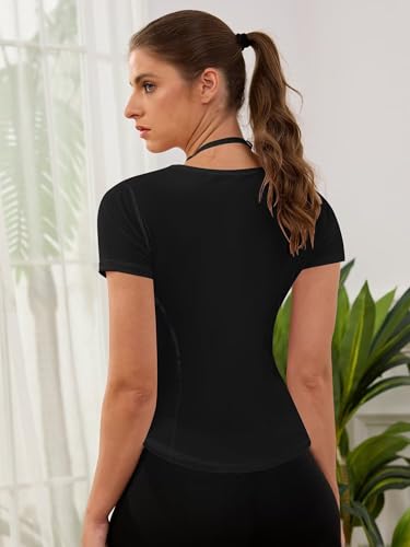 V Neck Slim Fit Workout Tops for Women - Black, Medium