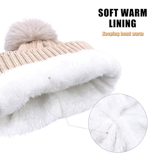 Warm Wool Cable Knit Beanie Hat for Women - Beige Pom Pom