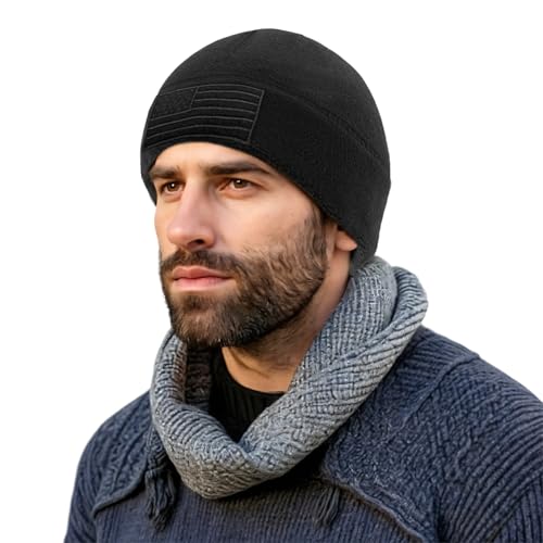 American Flag Tactical Fleece Beanie - Warm Winter Watch Cap - Black