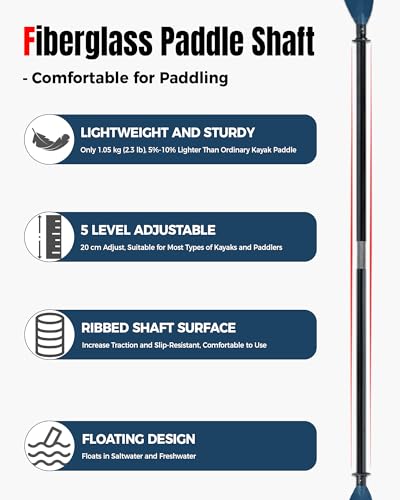 WONITAGO Adjustable Fiberglass Kayak Paddle 240-260cm Blue Lightweight Fishing Oar