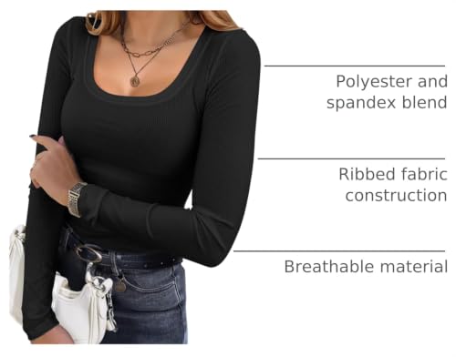 Womens Ribbed Long Sleeve Square Neck Slim Fit Basic Layering Tee