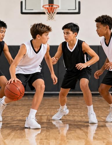 Reversible Boys Basketball Jerseys - Mesh Sleeveless Shirts, Medium Black/White