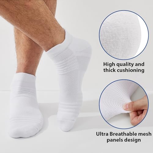 JOYZOO Men's Running Ankle Socks 9-12, White, Breathable Cushioned Low Cut Sports Tab Socks, 6 Pairs