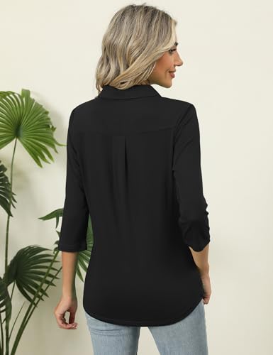 Women's 3/4 Sleeve V-Neck Collared Polo Shirt - Summer Business Casual Top - Black XL