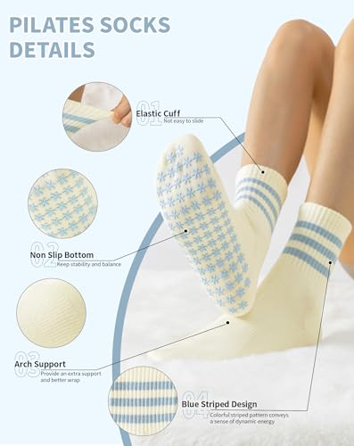 Yawlsow Cute Ruffle Pilates Grip Socks, Non-Slip Crew Socks for Women, 1 Pack, Three Stripes Blue