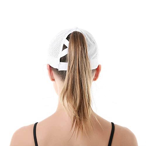 Criss Cross Ponytail Baseball Cap for Women - White One Size