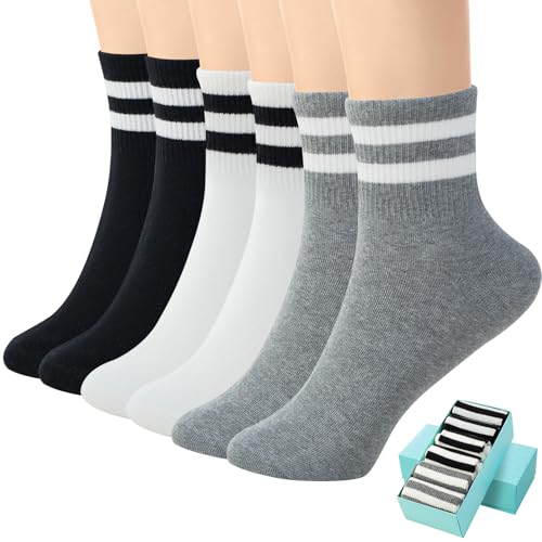 SISOSOCK 6 Pairs Quarter Crew Athletic Cotton Socks for Women - Black, White, Grey with Gift Box - Size 5-9