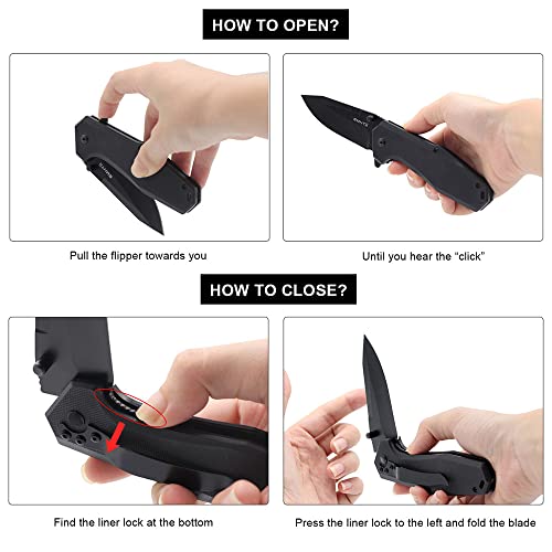 EDC Pocket Folding Knife - 3.54" Stainless Steel Black Blade, G10 Scales Liner Lock, Men Women Camping Knives with Clip EMH03