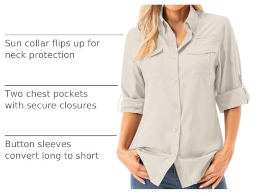 Jessie Kidden Women's SPF Sun Safari Long Sleeve Quick Dry Hiking & Fishing Shirt - Small Light Khaki