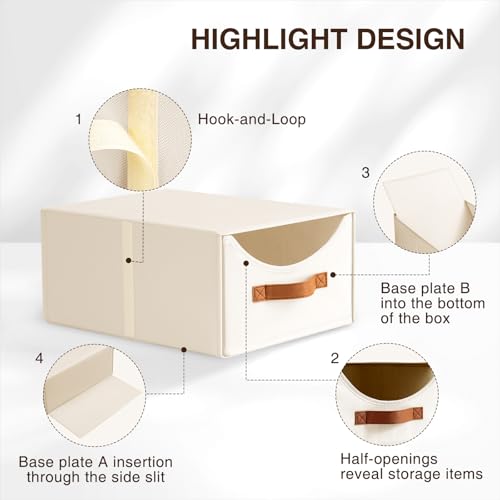 Stackable Storage Drawers - Collapsible Storage Bins with Drawers, 4 Pack Closet Shelf Organizer Basket, Fabric Pull Out Organizer for Bedroom, Living Room, Dorm, Beige