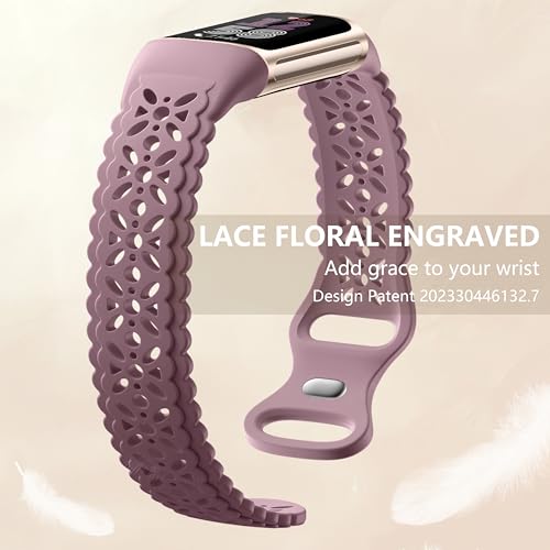 Maledan Floral Lace Silicone Watch Bands for Fitbit Charge 5/6, Black/Blue Gray, 5.5-8.2 inch Wrist