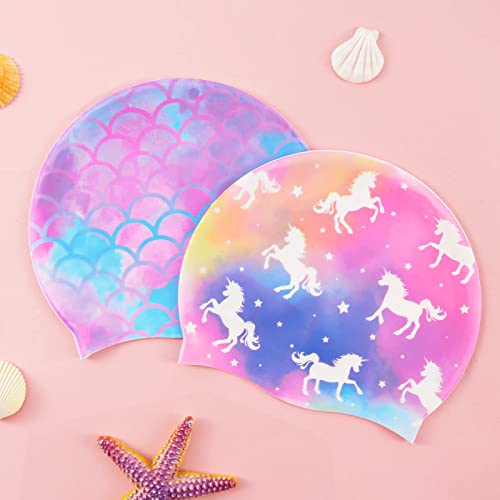 WAWSAM Unicorn Mermaid Kids Swim Cap 2 Pack Silicone 3-8 Years – Long & Short Hair
