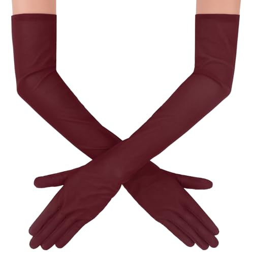 Stretchy Long Mesh Gloves for Women - Formal Opera Prom - Burgundy