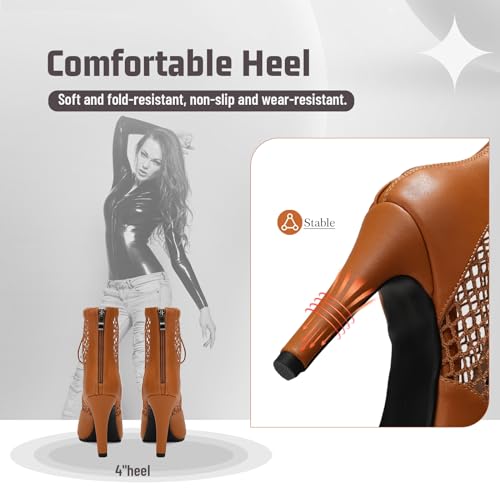 Uonpie Women's Peep Toe Mesh Dance Boots 4 Inch Heel Brown Size 8.5