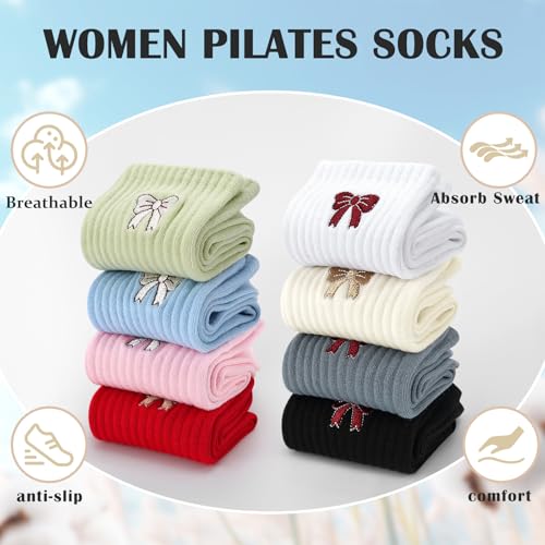 Women's Non-Slip Pilates Grip Socks with Ruffle Bow - Gray/Red