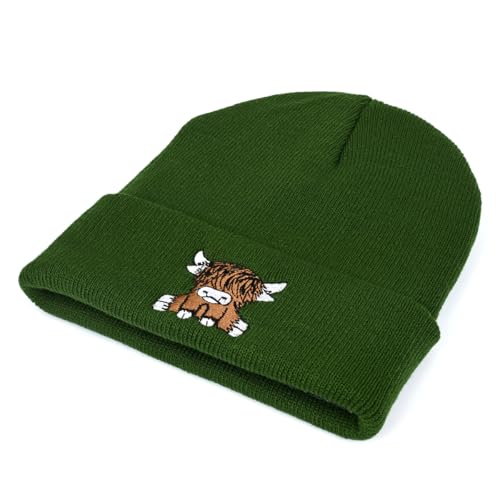 Yak Embroidery Stretch Knit Beanie Hat - Army Green