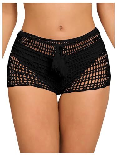 SHENHE Women's Crochet Coverups Hollow Out Tie Waist Boho Shorts Small Black