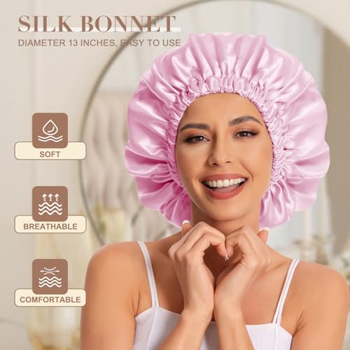 Satin Bonnet for Sleeping - Double Layer Curly Hair Cap - Dark Pink