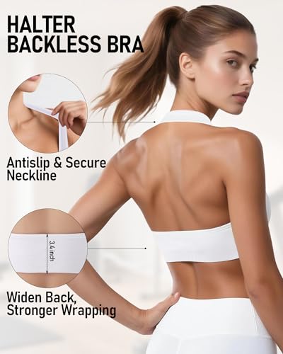 Seamless Open Back Padded Halter Sports Bra - Medium White