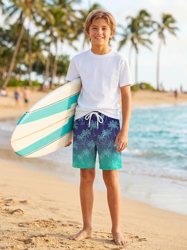 Boys Swim Trunks with Boxer Liner - A-Palm Blue, 10-12 Years