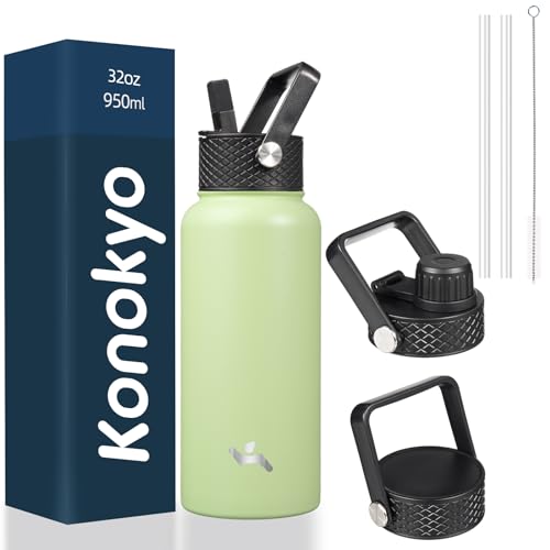 Konokyo 32 oz Macaron Green Insulated Stainless Steel Water Bottle with Straw Lid