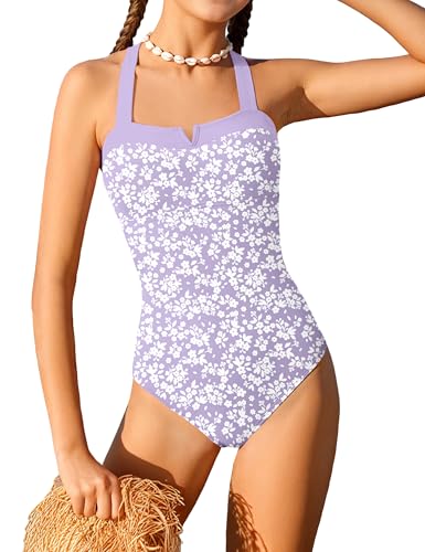 Girls One Piece Color Block Swimsuit with Crossback Straps - Purple Floral, 11-12Y